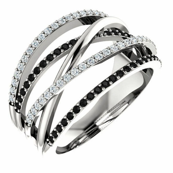 Huitan Jewelry - Multi Rows 925 Silver White & Black Sapphire Ring